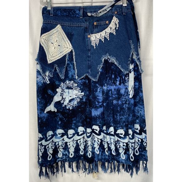 Upcycled Recycled Boho Denim Skirt With Tie Belt Size 26 - Picture 14 of 15